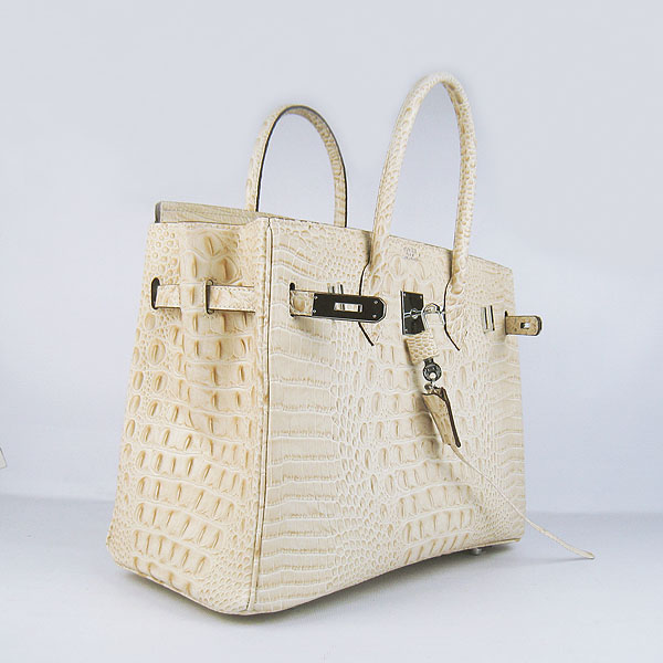 High Quality Fake Hermes Birkin 35CM Crocodile Head Veins Leather Bag Cream 6089